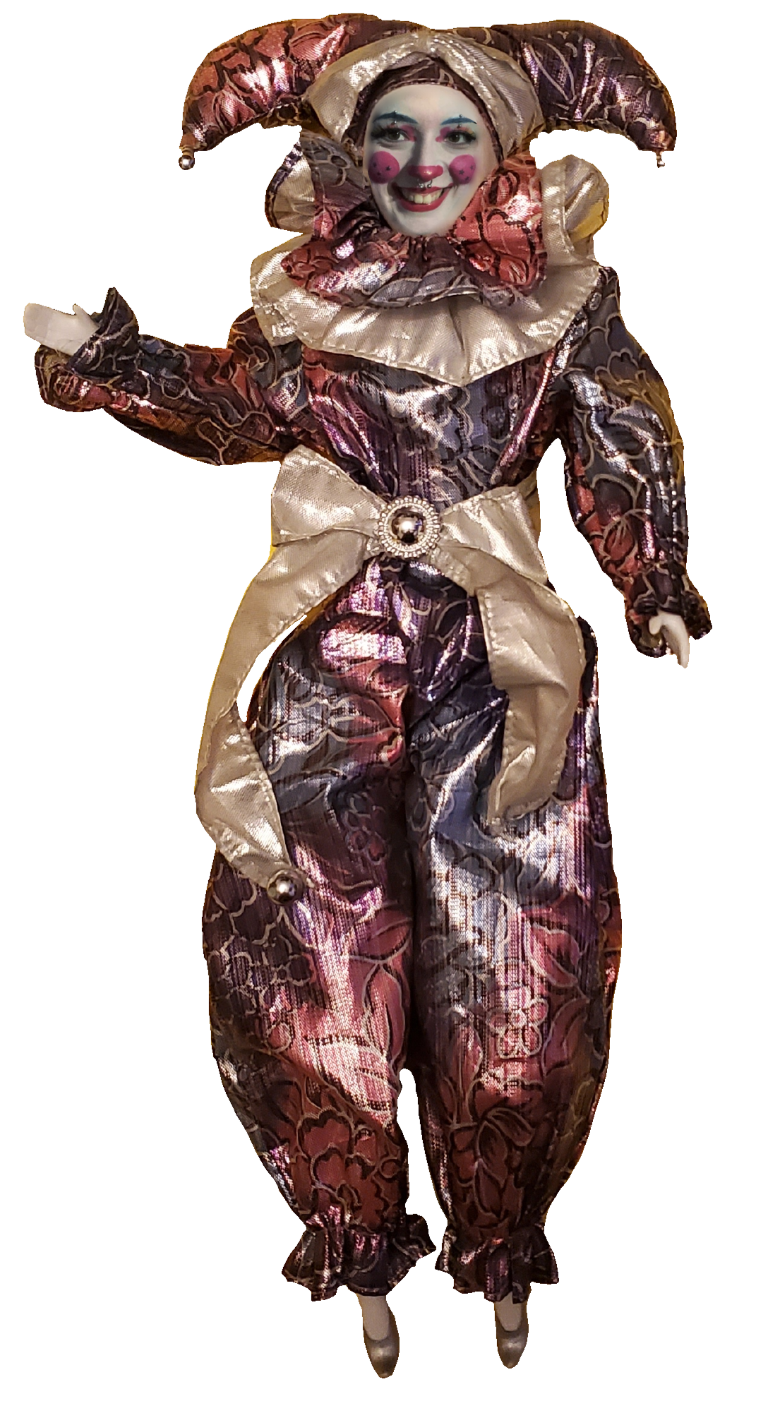 Porcelain Jester Doll with Neptune's Face and shimmery silver and purple jester's clothes