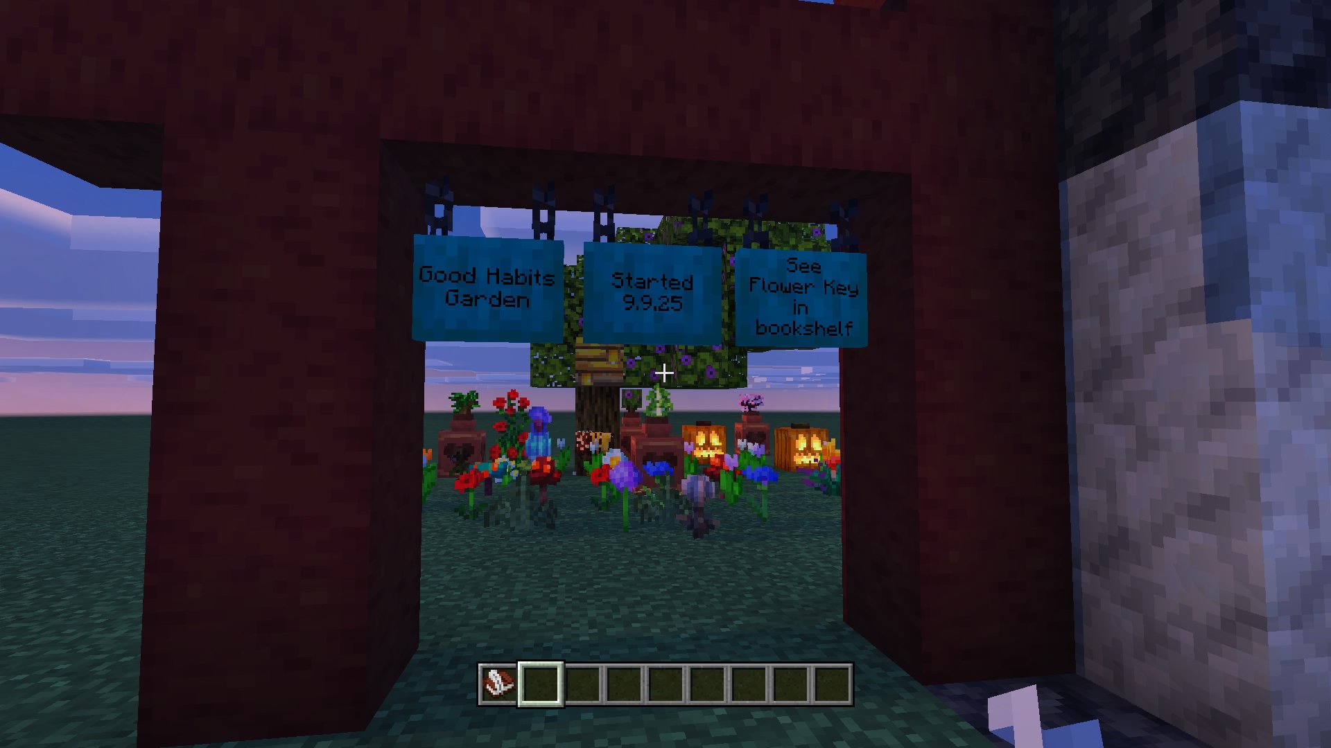screenshot of a garden of flowers with a wood beam entrance