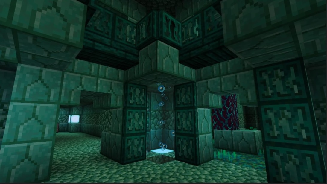 A prismarine room with multiple corridors. In the corner is a bubble elevator. There are decorative warped trap doors accenting the walls and doorways.