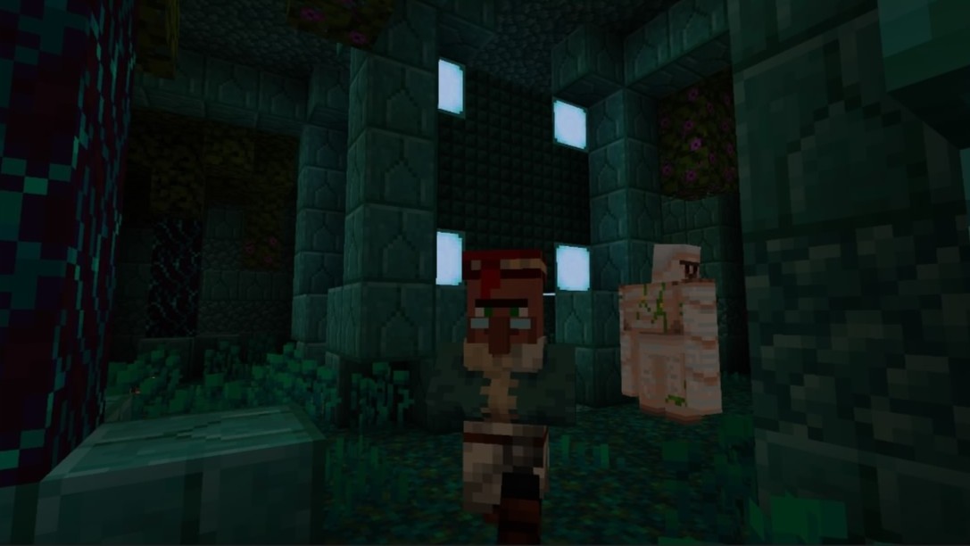 The inside of an ocean monument, drained, with warped nylium and grass flooring and dark prismarine structure in the center. A villager in the foreground and iron golem in the background.