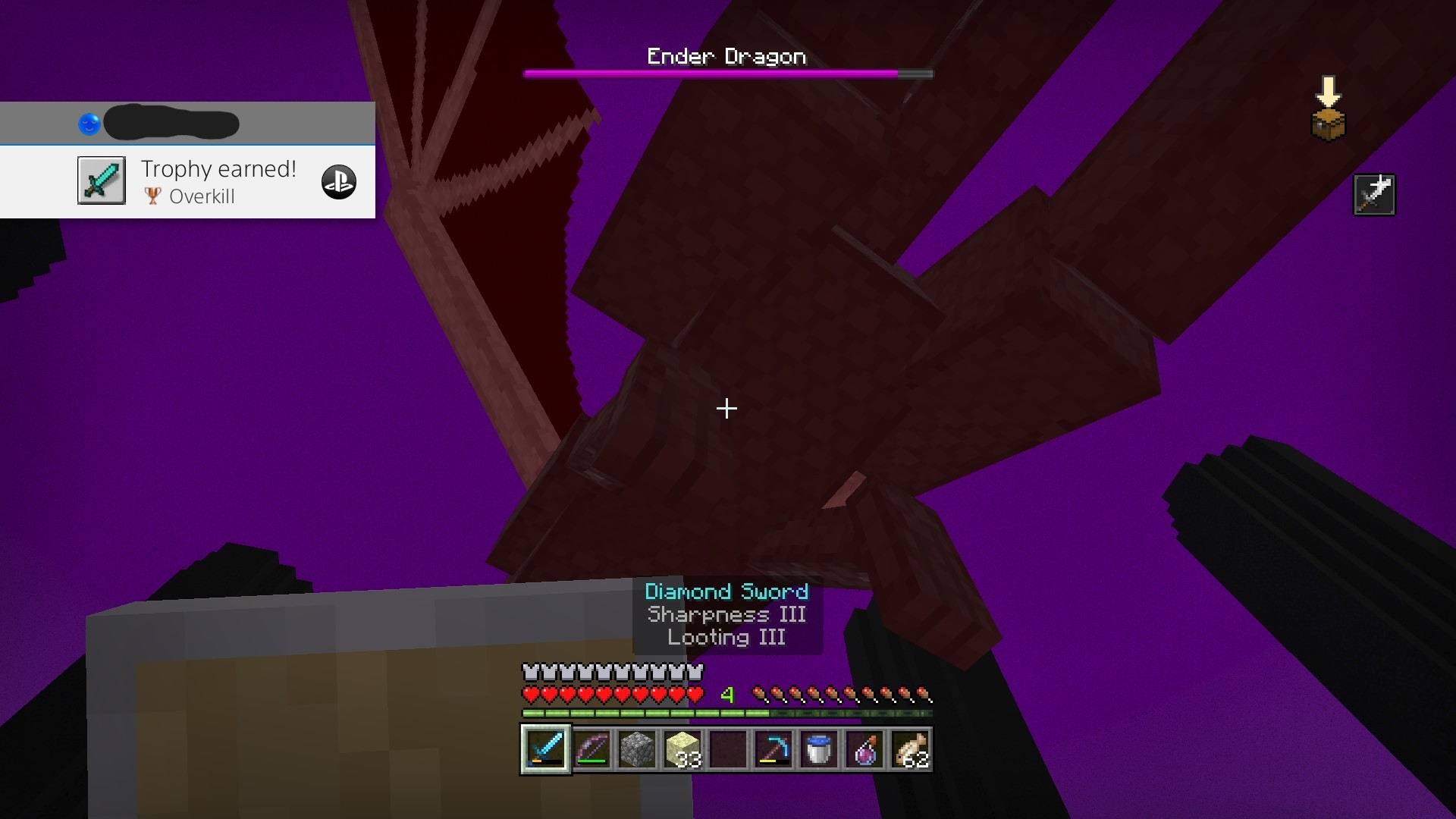 screenshot of overkill achievement while slaying the Ender Dragon