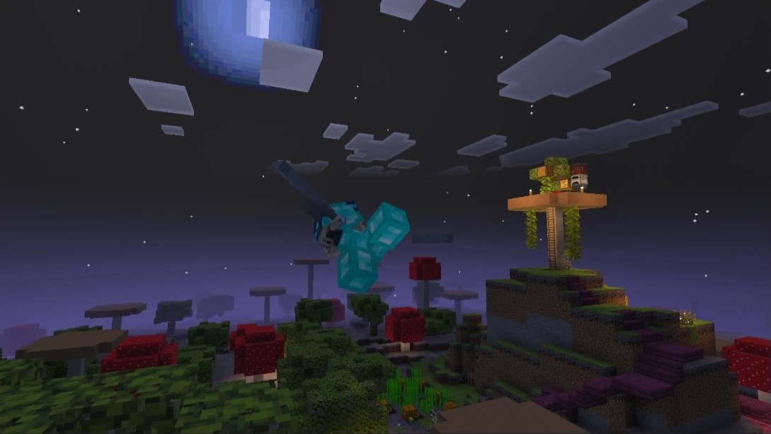 player in diamond armor flying with an elytra above large mushrooms and azalea trees in the nighttime