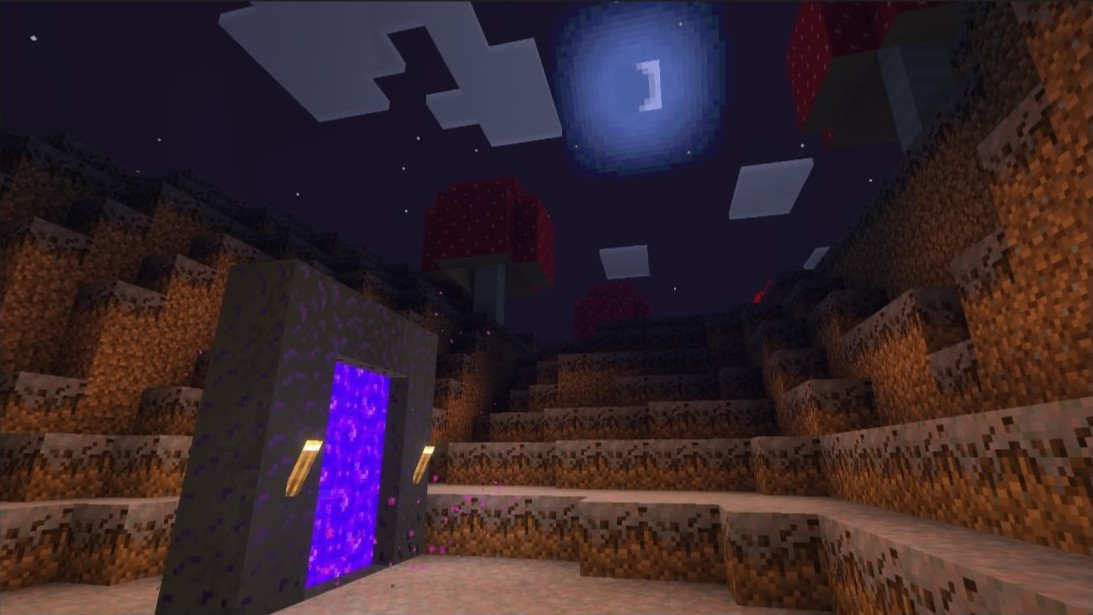 A nether portal spawned in a small crater on a mushroom island in the nighttime