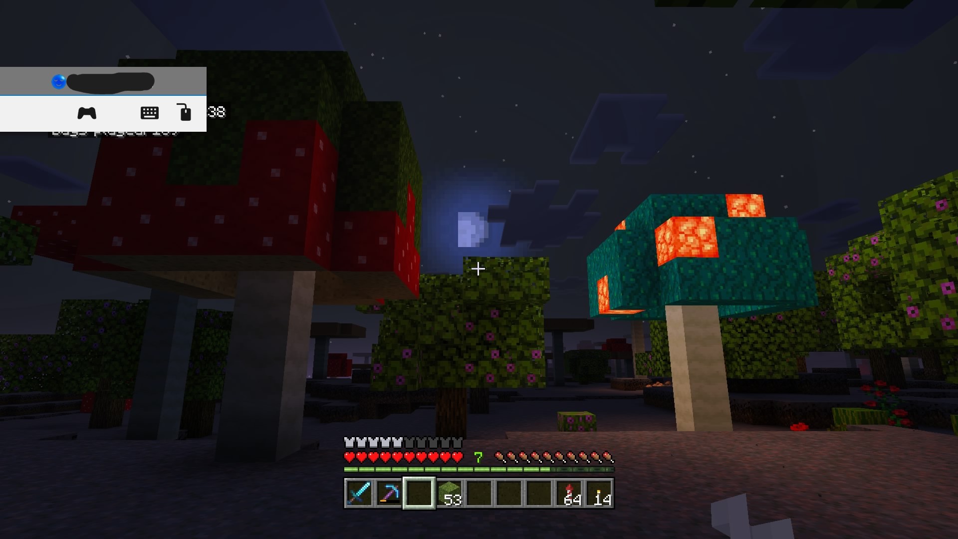 mushroom landscape in the night with large mossy red mushrooms and large blue mushrooms