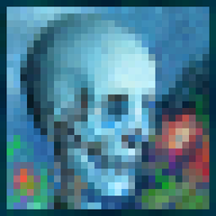 Teal-tinted Minecraft painting of pixelated skull and some red roses.