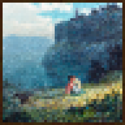Teal-tinted Minecraft painting of someone sitting in the fetal position by the shoreline with cliffs in the background.